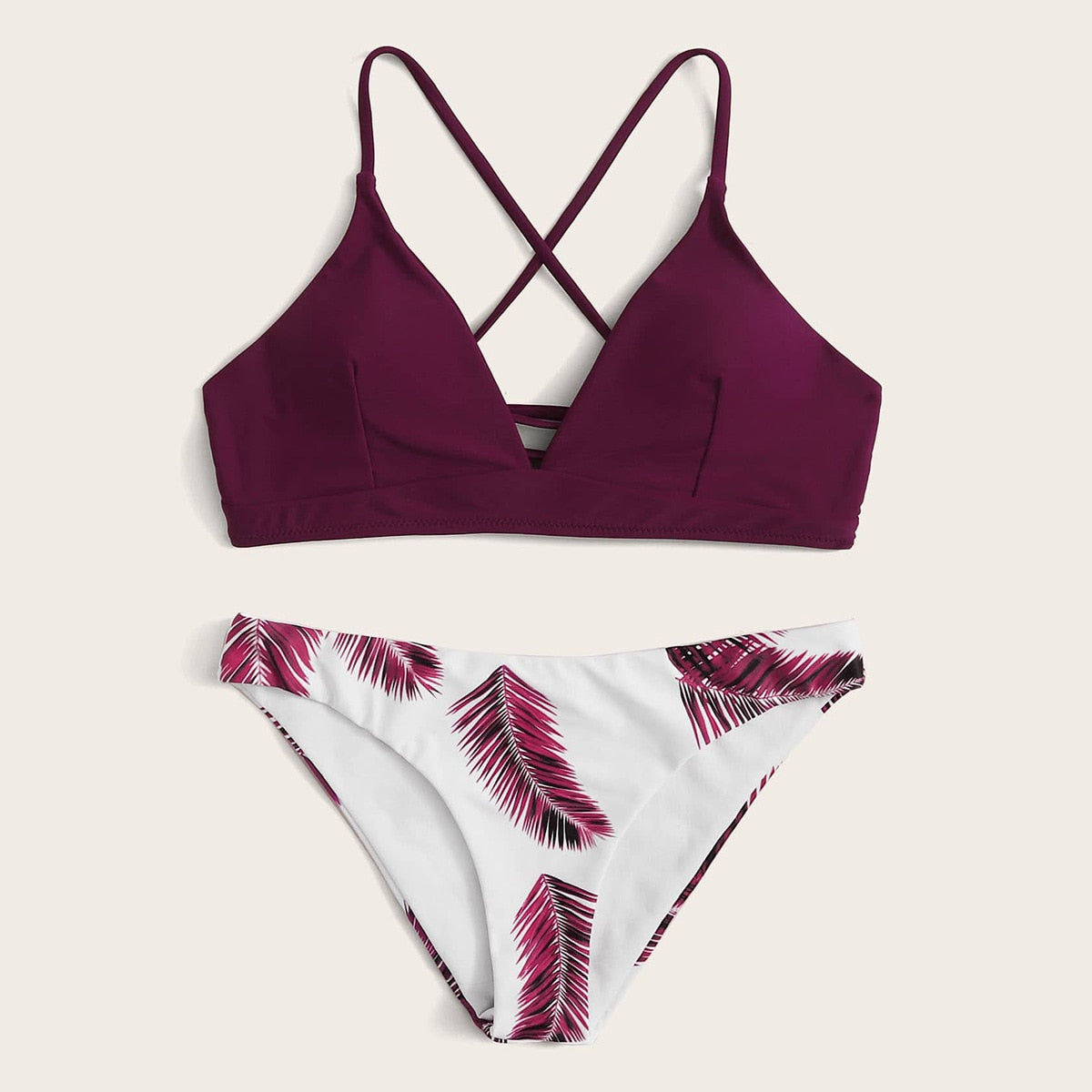 Bikini set palm leaves wine red