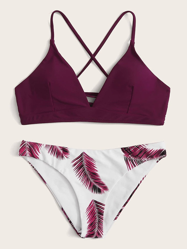 Bikini set palm leaves wine red