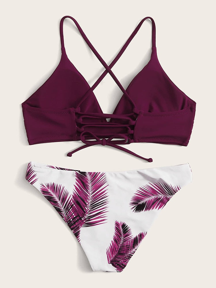 Bikini set palm leaves wine red